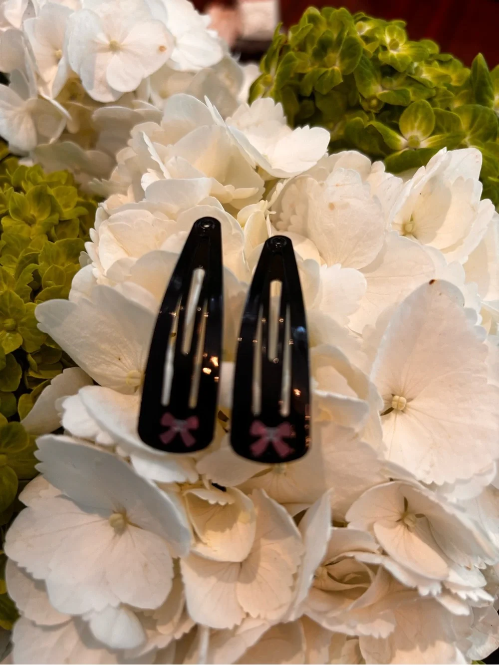 Hand Crafted Black Snap Hair Clips with Pink Bow